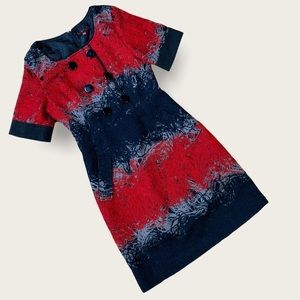 Vintage Ladies’ Wool Designer Red/Black “Spun Yarn” Short Sleeve Midi Dress 0/2